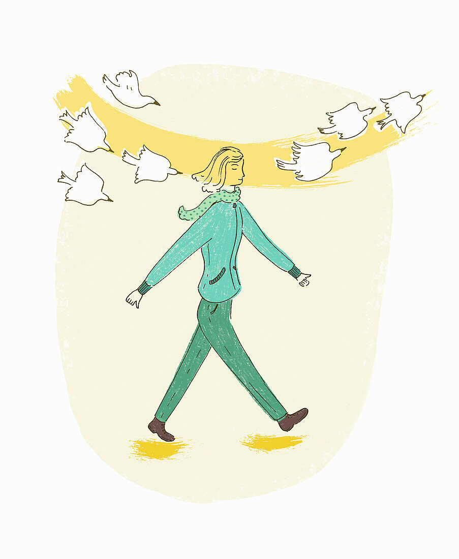 Woman walking for mental wellbeing, illustration