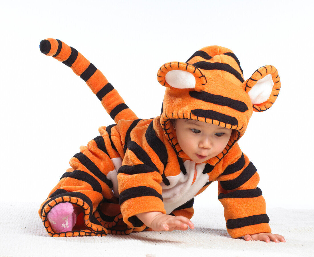 Baby girl wearing tiger suit crawling on floor