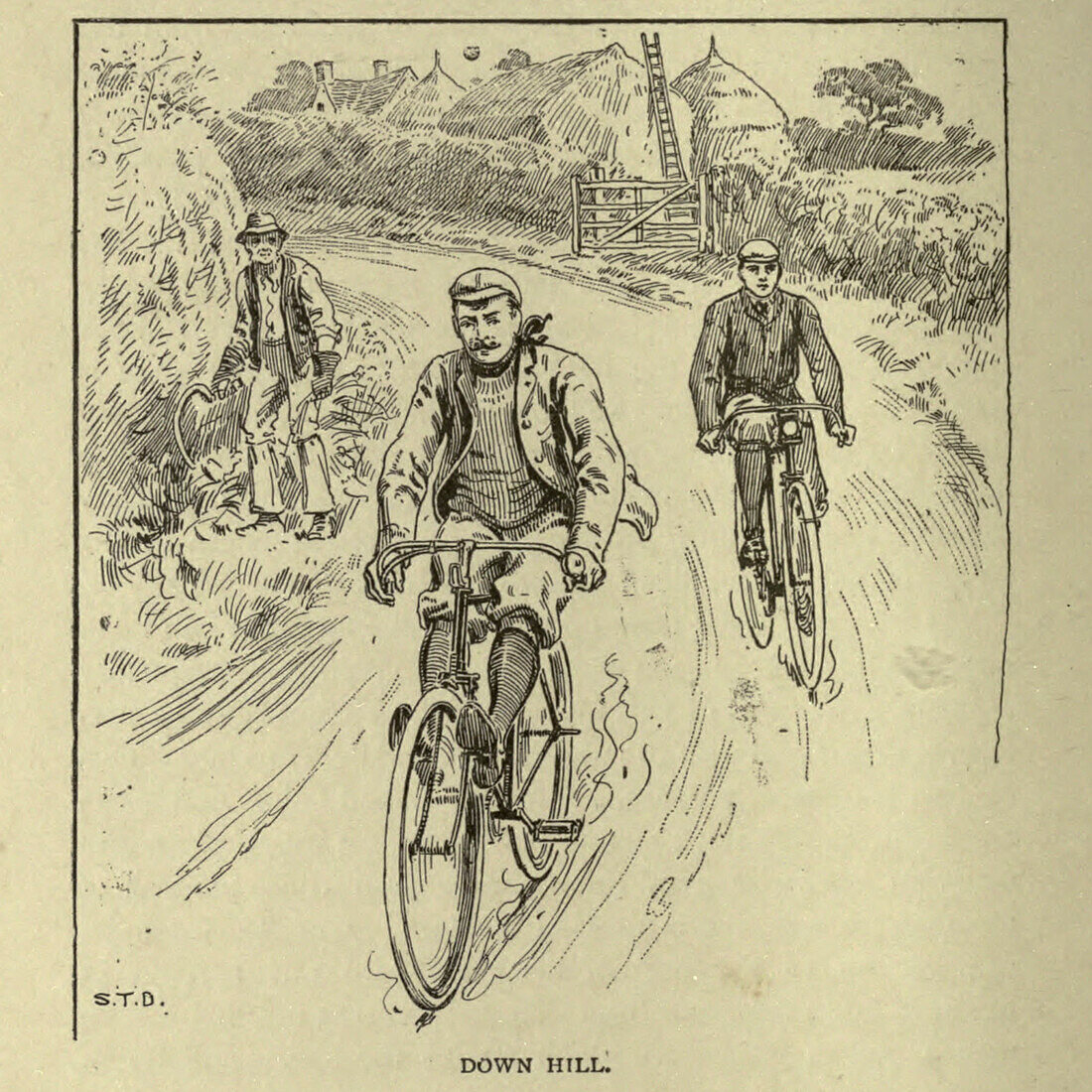 Downhill Cycling, 19th century illustration