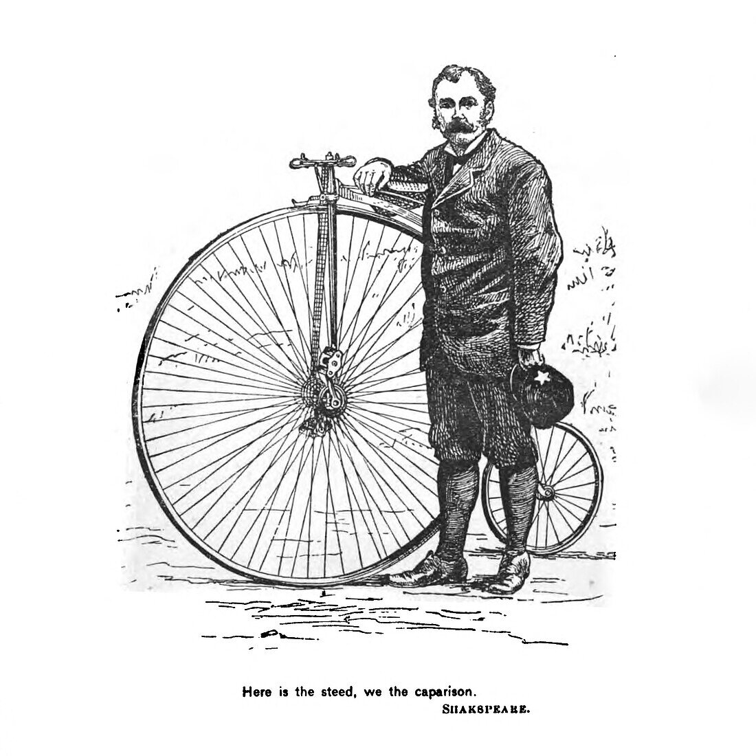 Man and penny-farthing, 19th century illustration