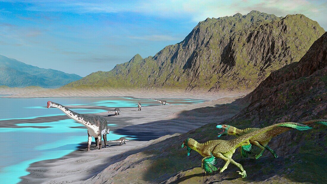 Arwork of titanosaurs and dromaeosaurs