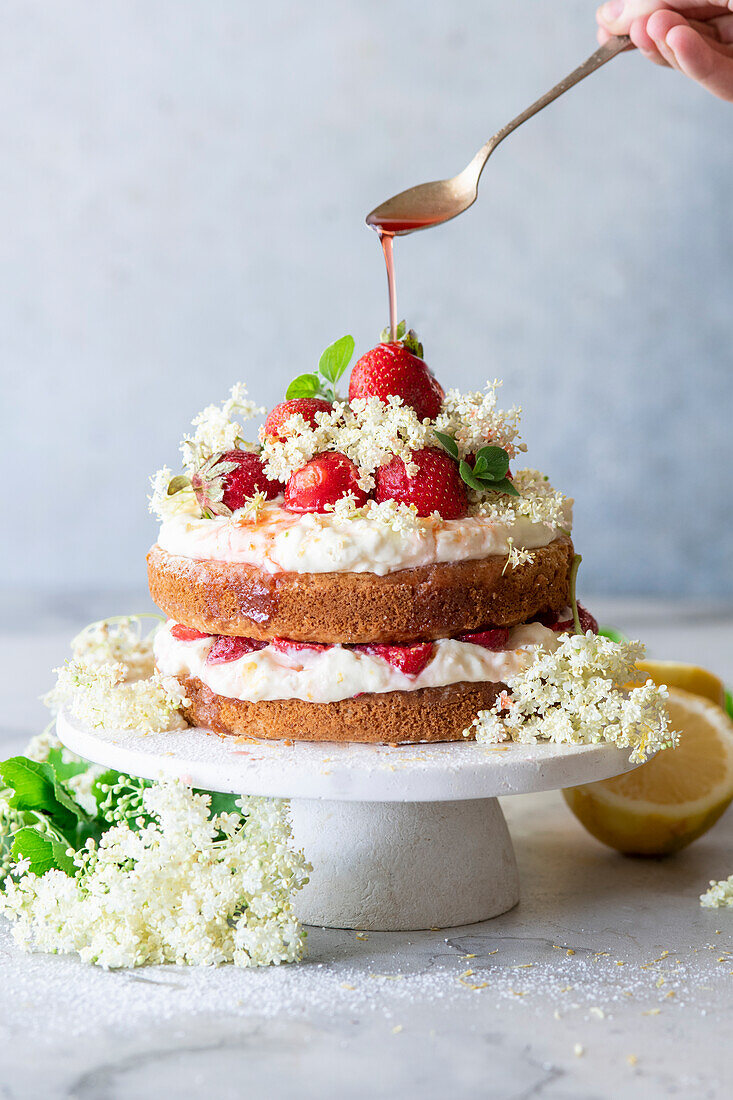 Vanillekuchen getränkt mit Holunderblütensirup, Frischkäse und Erdbeeren