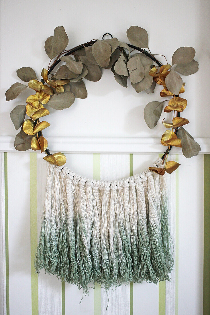 Handmade wreath eucalyptus and dip-dyed macramé