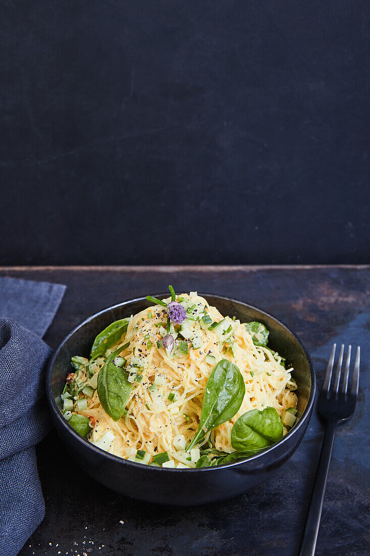 Kelp pasta salad with cucumber and turmeric cream