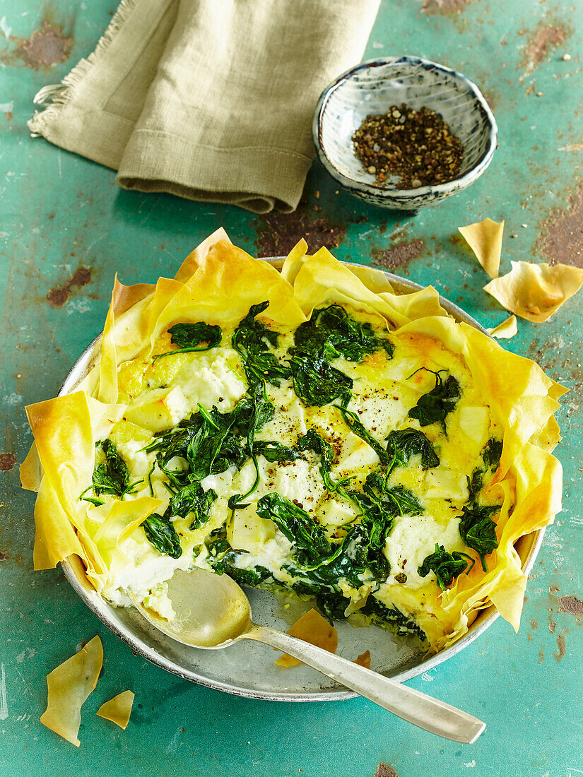 Cheese and spinach quiche made from filo dough