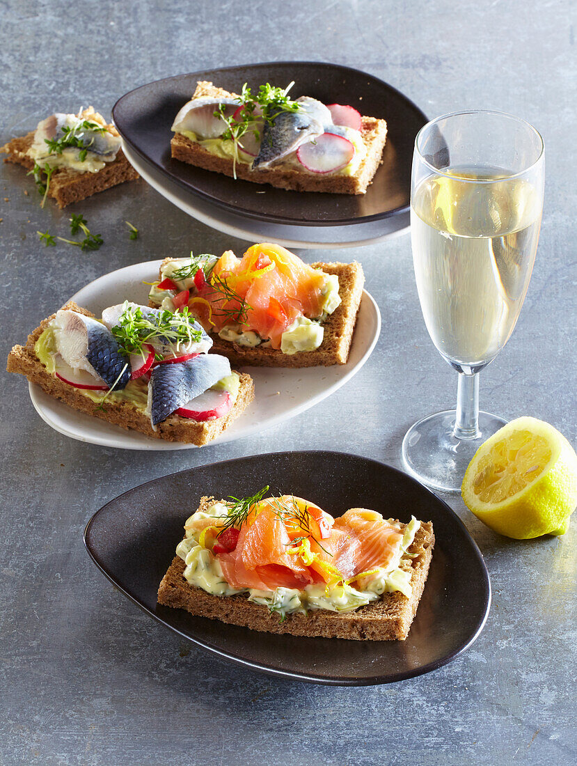 Sandwiches with herring and salmon