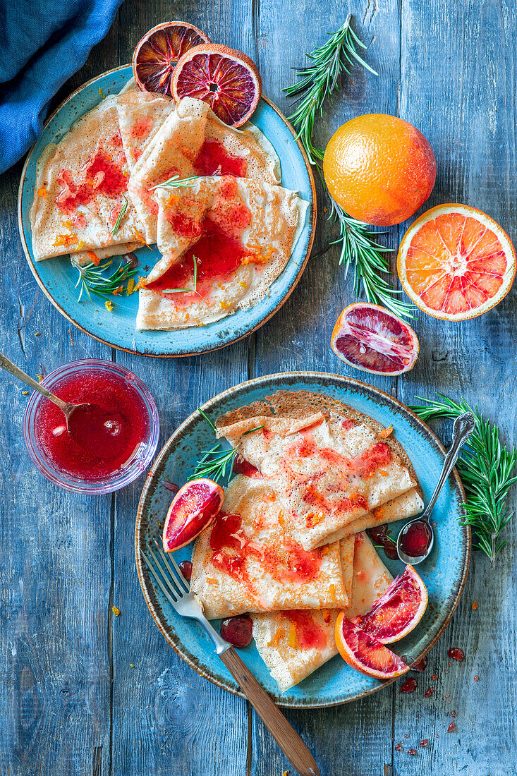 Caramel crepes with blood orange sauce