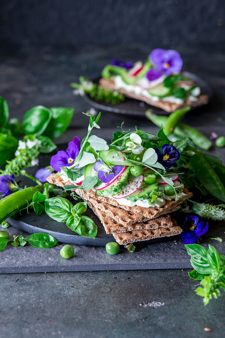 Green peas snack with crispy bread, cream cheese, cucumber, radish and seeds