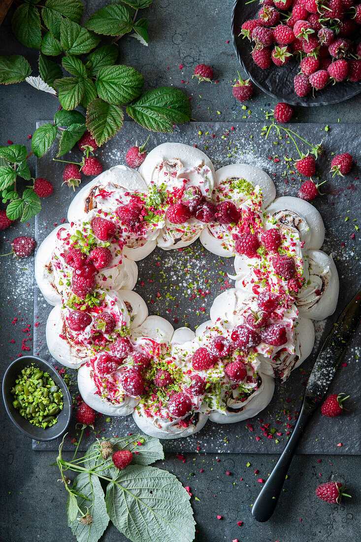 Raspberry Pavlova wreath