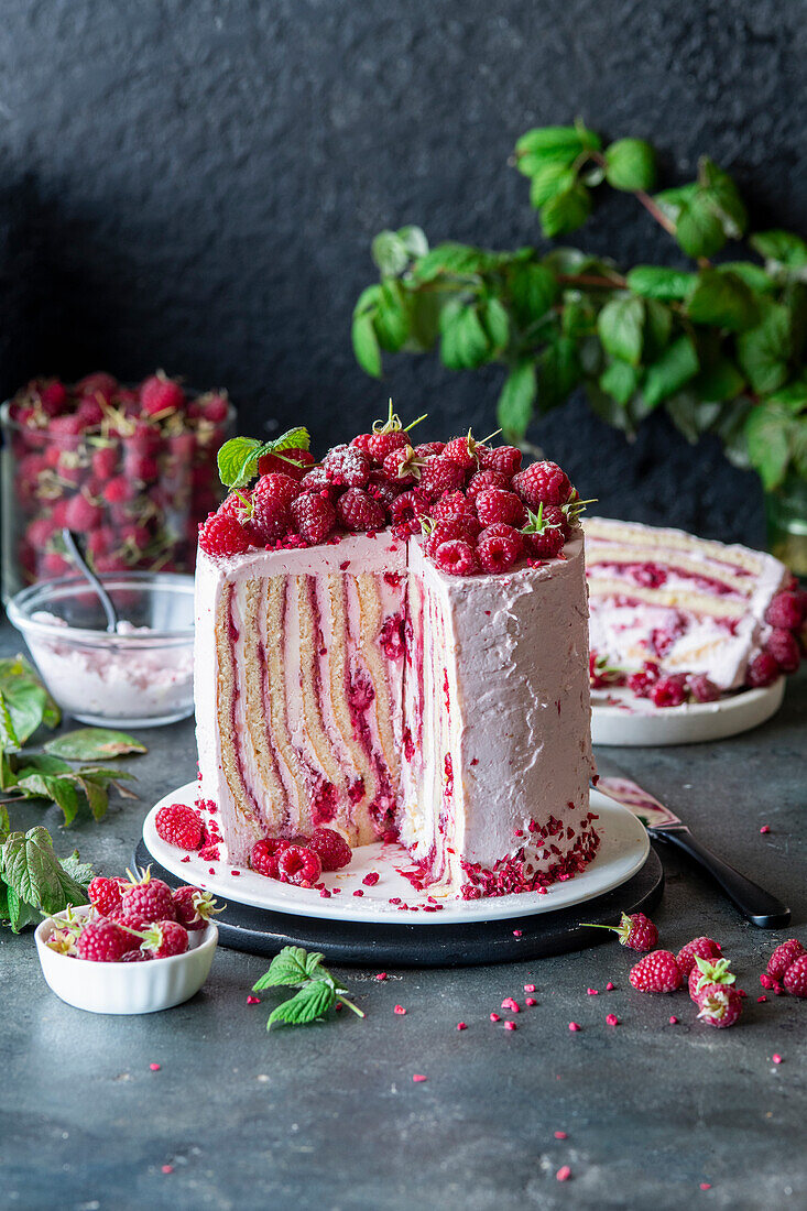 Vertical raspberry cream cake