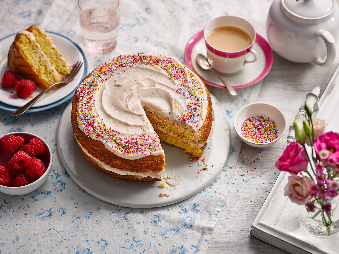 Rosa Limonadenkuchen mit bunten Zuckerstreuseln