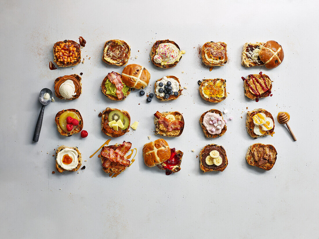 Hot cross buns with different toppings