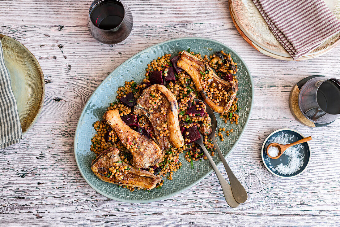 Moroccan Spiced Lamb Chops on Lentil and Beetroot Salad
