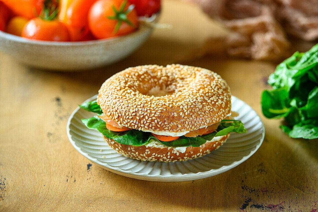 Bagel with cream cheese and salmon