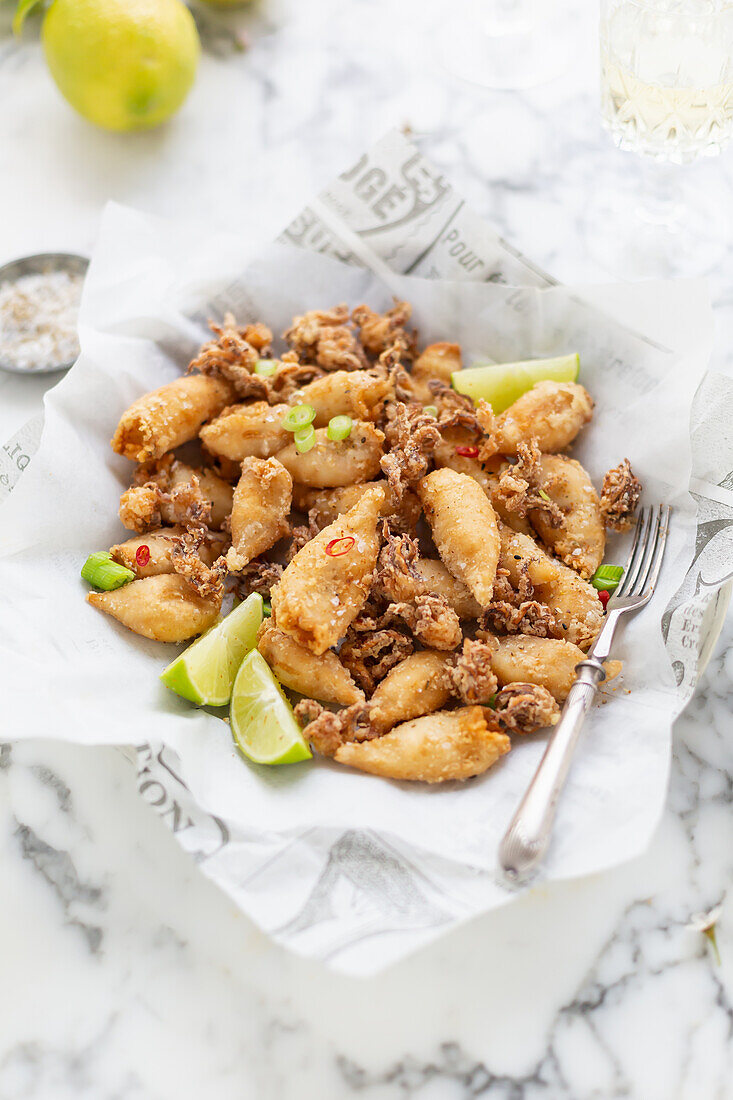 Salt and Pepper Squid (fried squid with chili rings and limes)