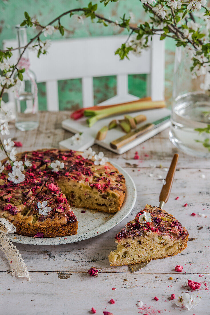 Cake with rhubarb and raspberries on a spring table