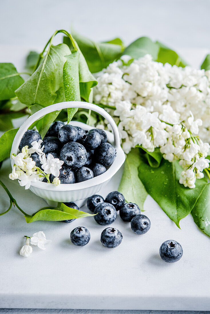 Blueberries in a basket next to white lilac blossoms