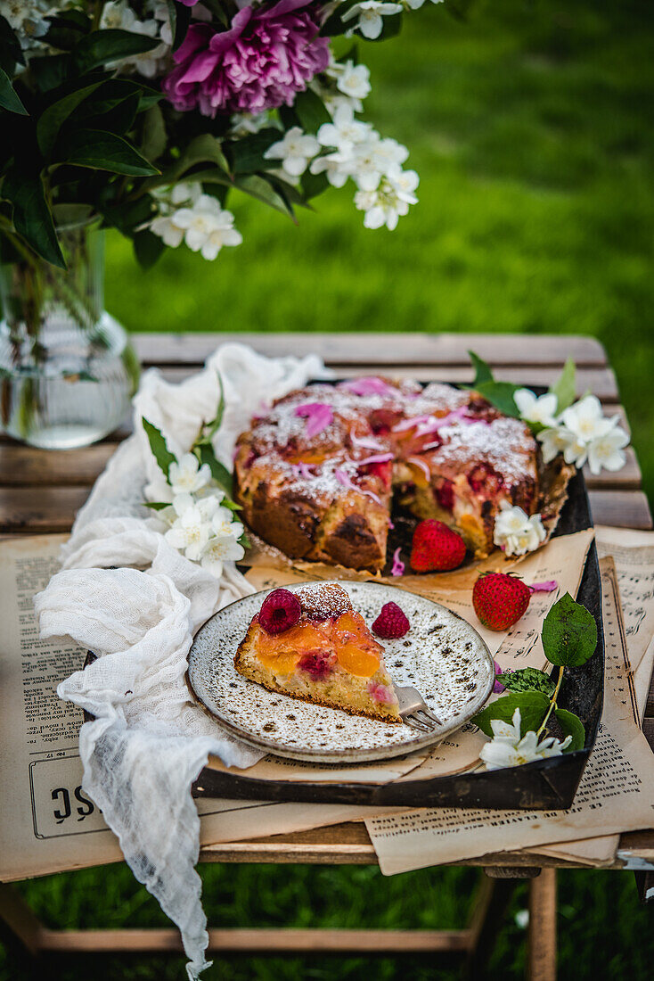 Berry pie on an outdoor table