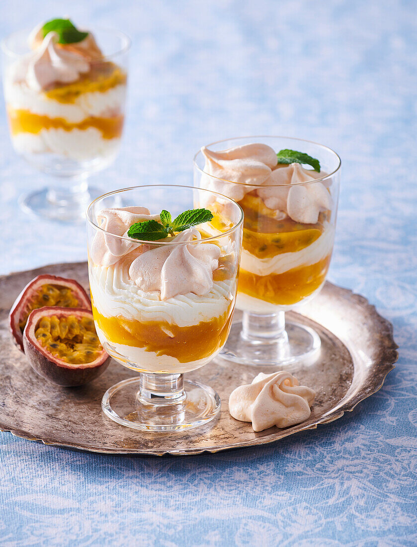 Eton mess-trifle with passionfruit and mango