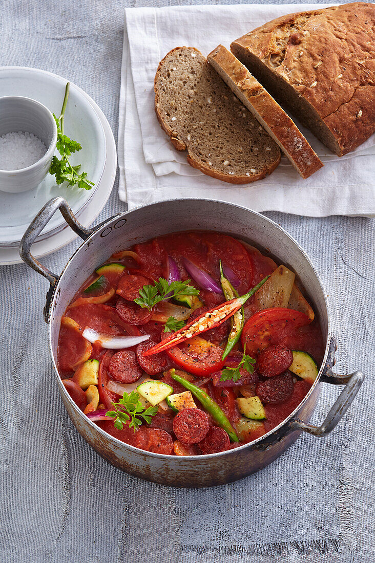Hungarian stewed vegetables with eggs and sausages pepper stew (lecho)