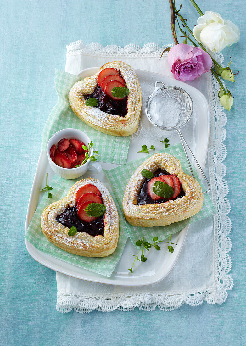 French pastry hearts with fruits