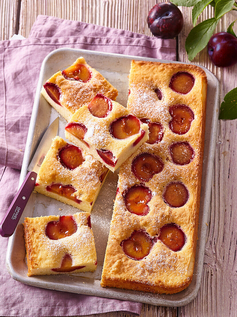 Red plum tray bake cake
