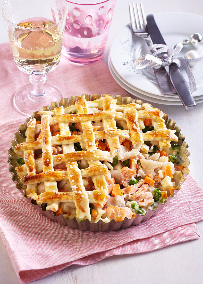 Fish quiche with leek and peas