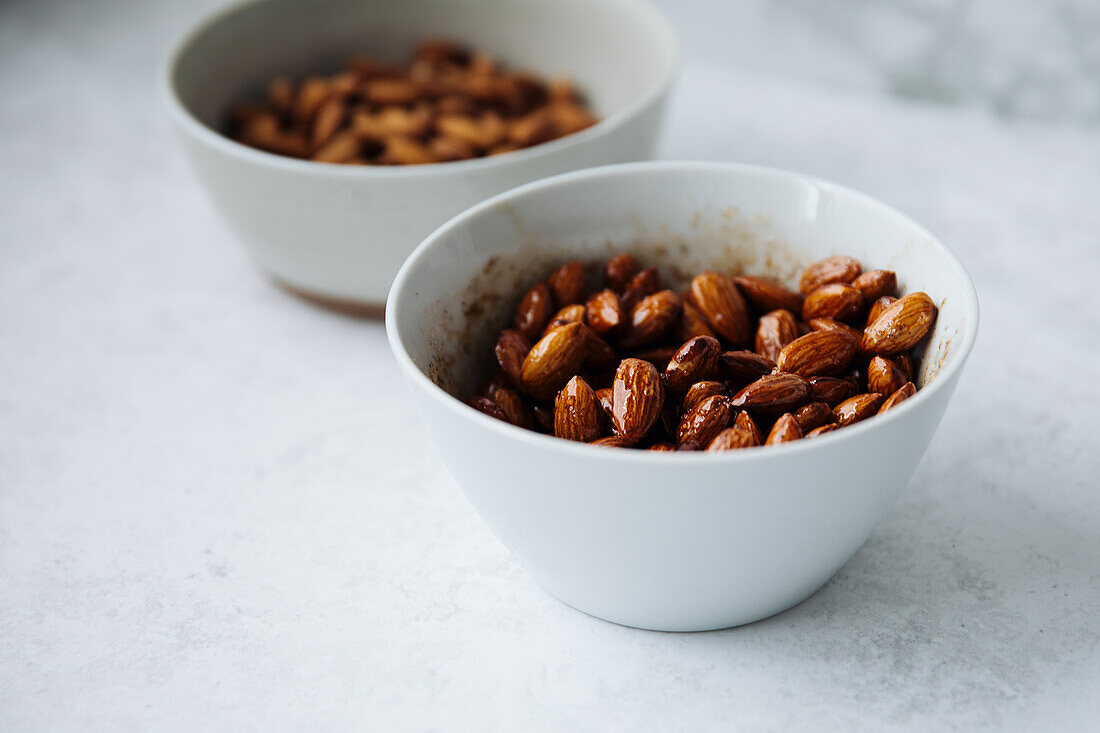 Roasted almonds in bowls
