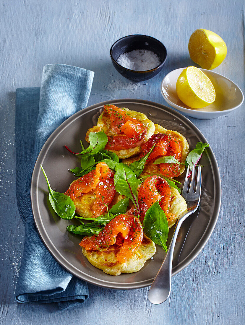 Corn pancakes with smoked salmon