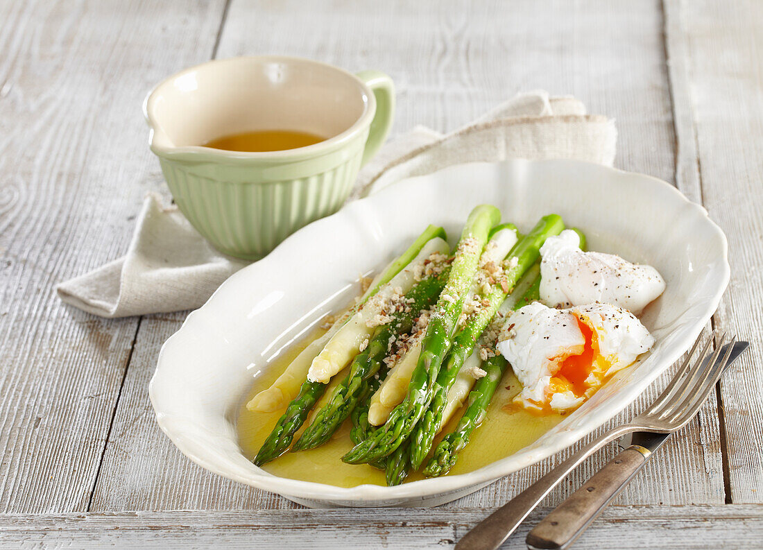 In butter poched asparagus with poched egg