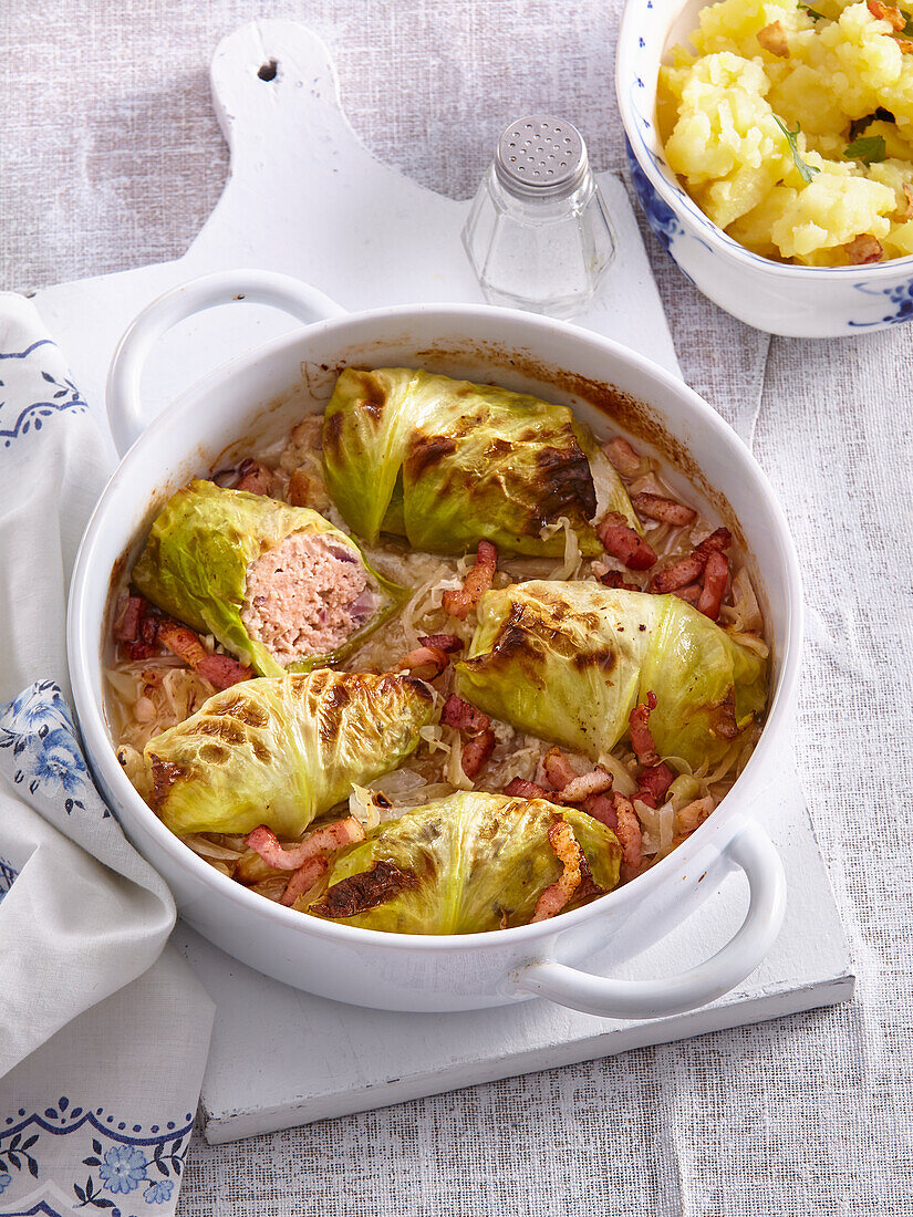 White cabbage rolls stuffed with minced meat and rice