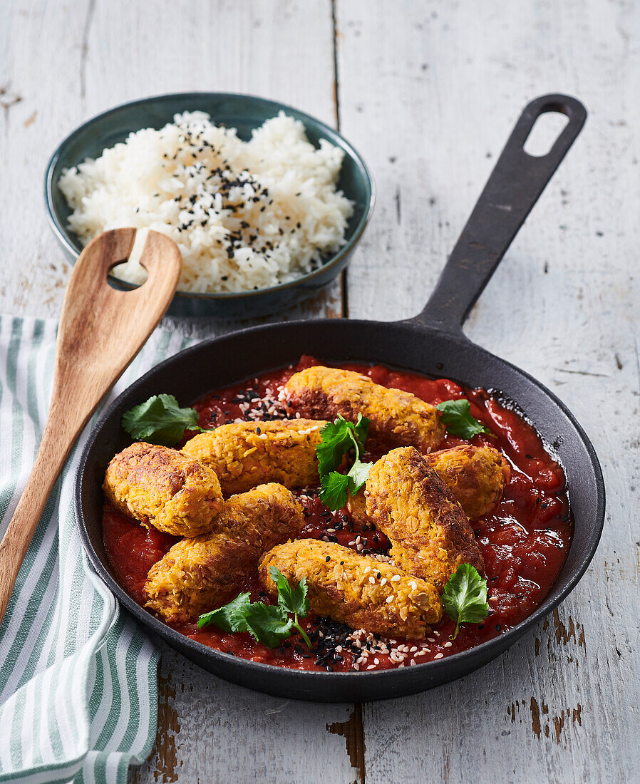 Tofu-Gnocchi in Tomatensauce serviert mit Reis