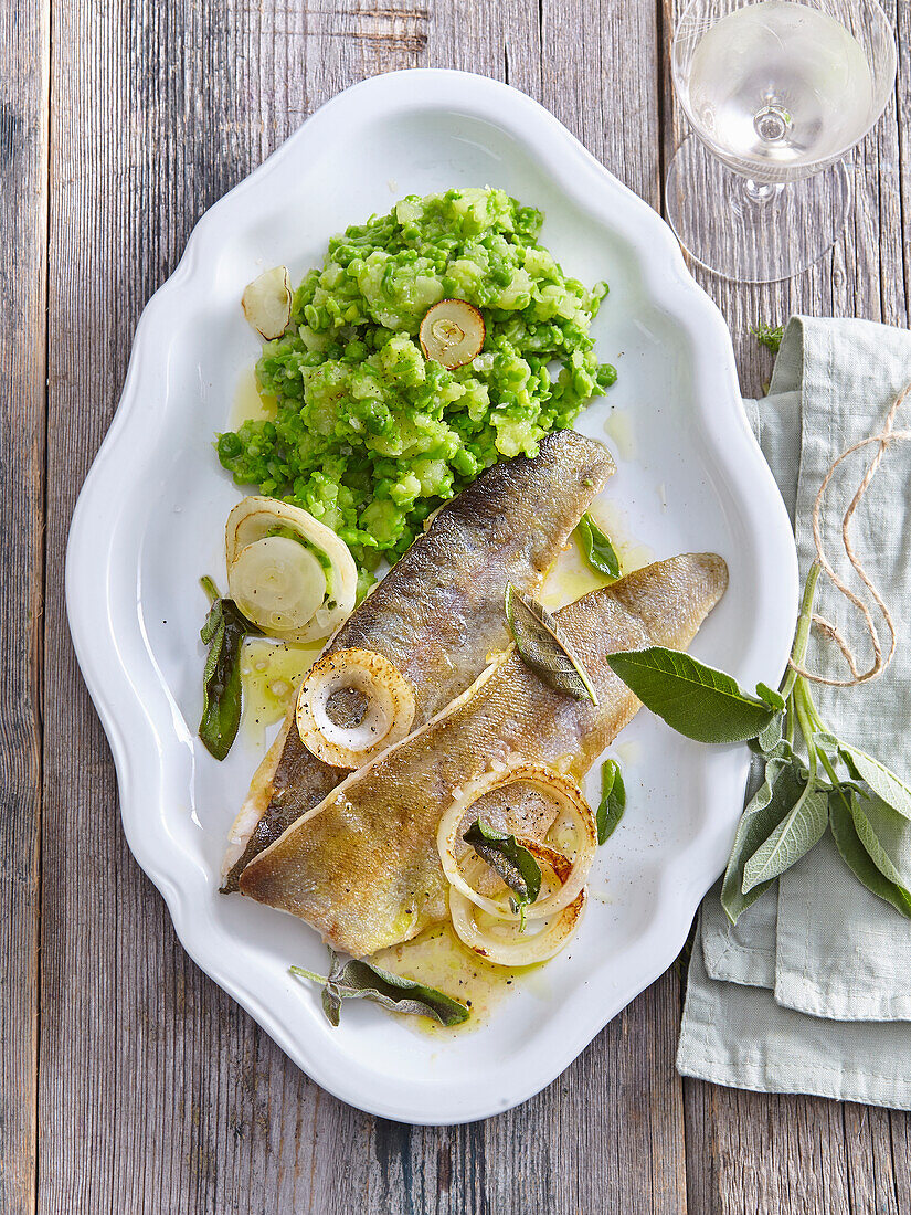 Sage trout with green pea mash