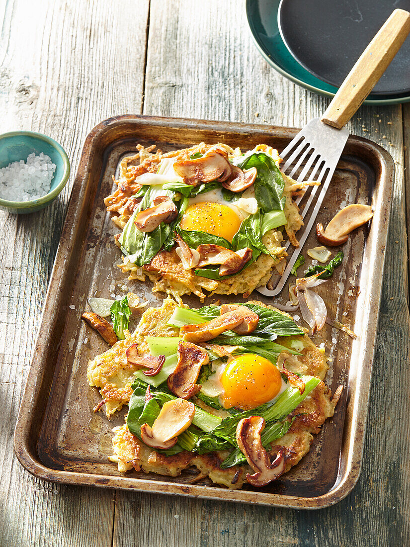 Potato pancakes with mushrooms, Swiss chard and egg