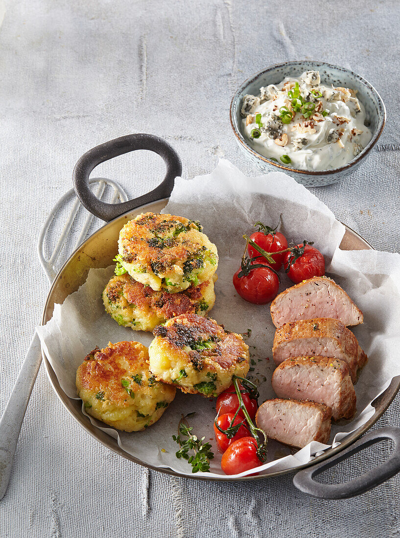 Pork sirloin with broccoli pancakes