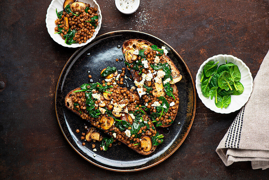 Lentil and spinach bruschetta