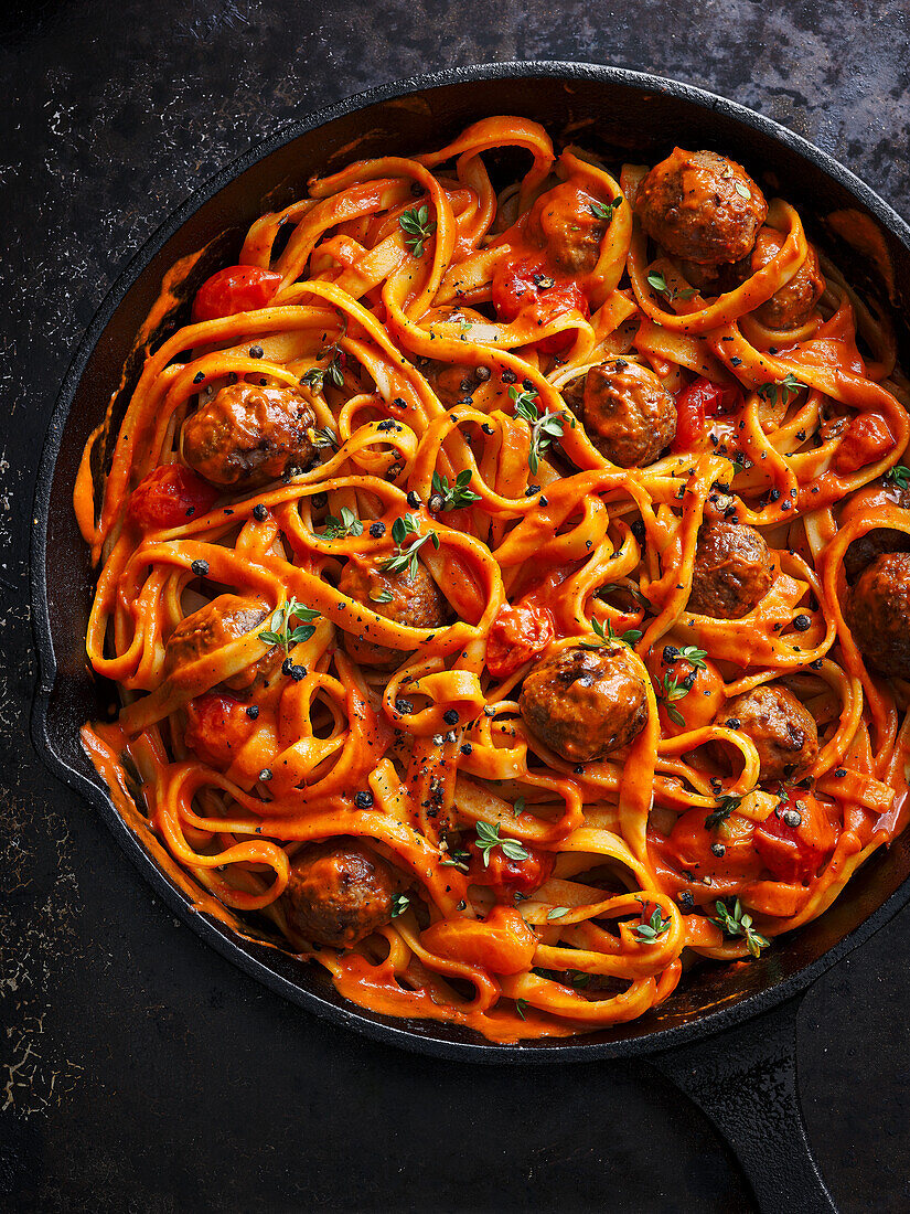 Pasta with tomato sauce und meatballs