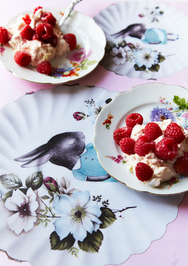 Raspberry cream mousse with meringue for children