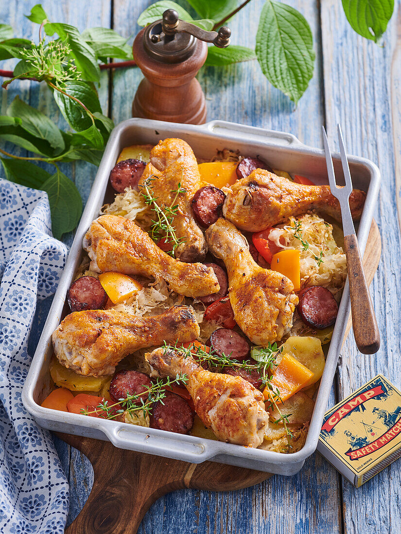 Gebackene Hähnchenkeulen mit Wurst, Kohl und Paprika