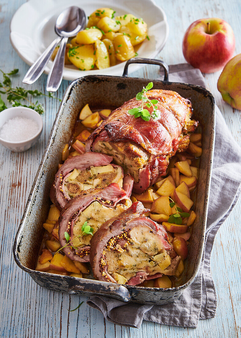Baked pork roll with apples