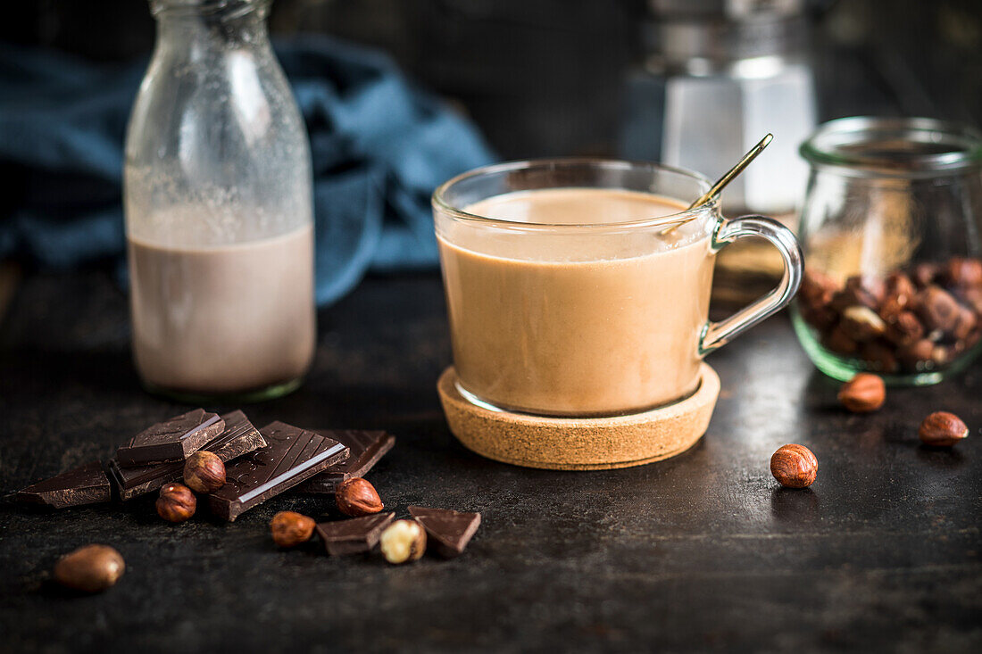 Coffee flavored with a vegan chocolate hazelnut milk