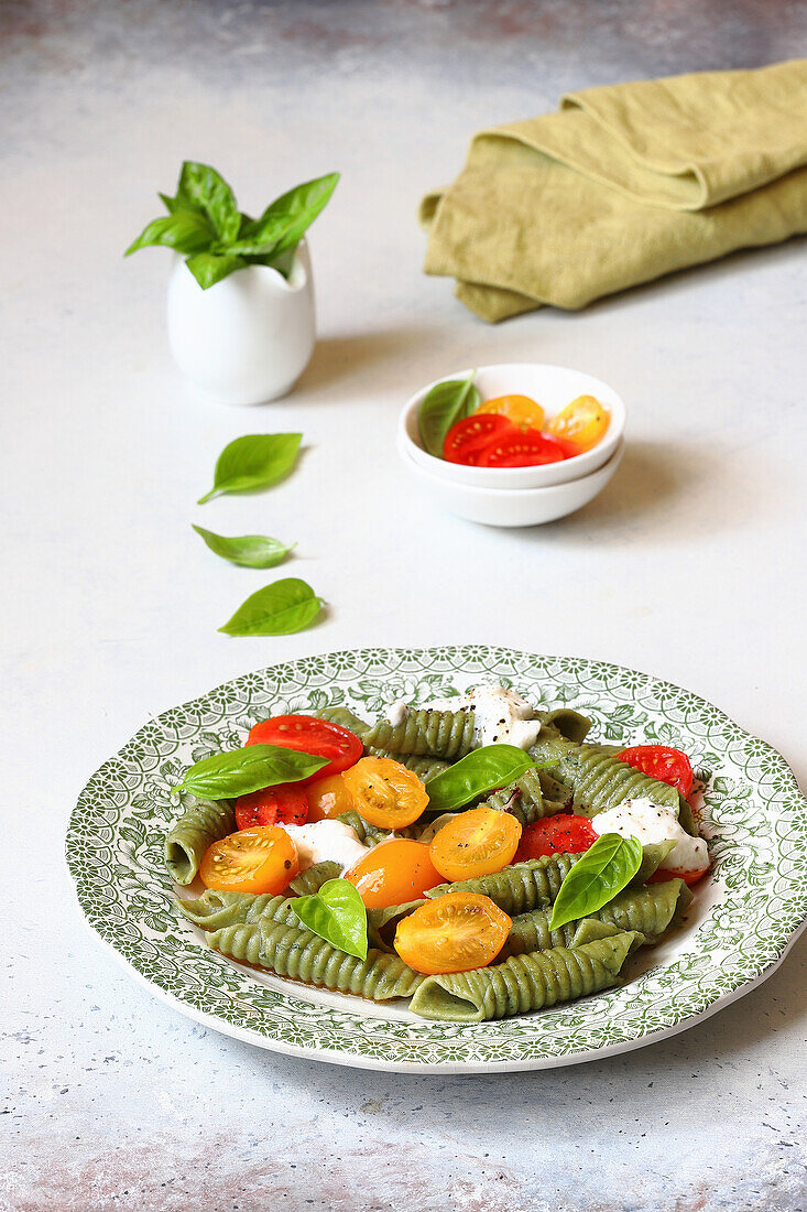 Spinach garganelli with basil, cherry tomatoes, and burrata
