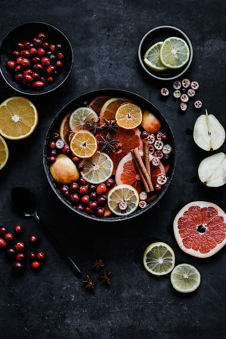 Christmas punch with cranberry, apple, cinnamon, orange and grapefruit