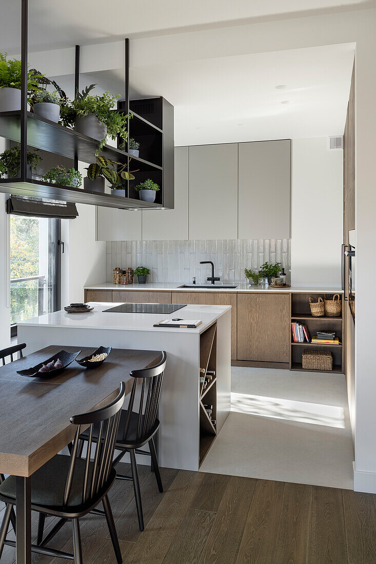 Dining area in front of cooking island, above hanging shelf with indoor plants in open-plan living area