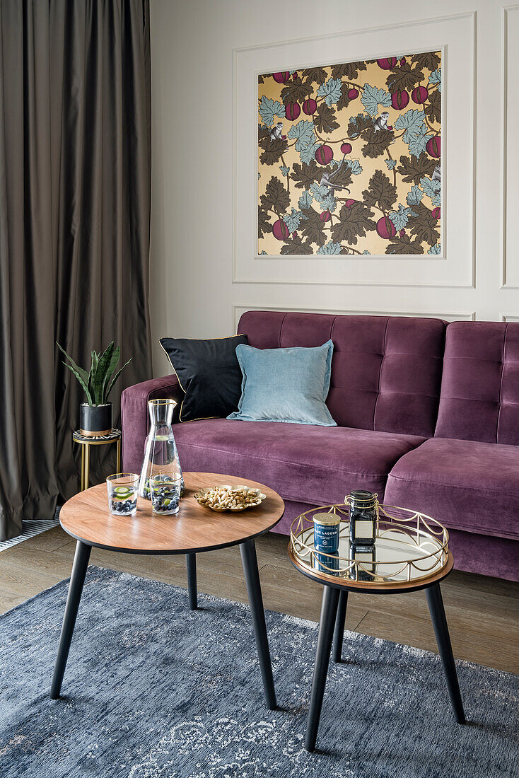 Purple sofa and coffee table set in living room