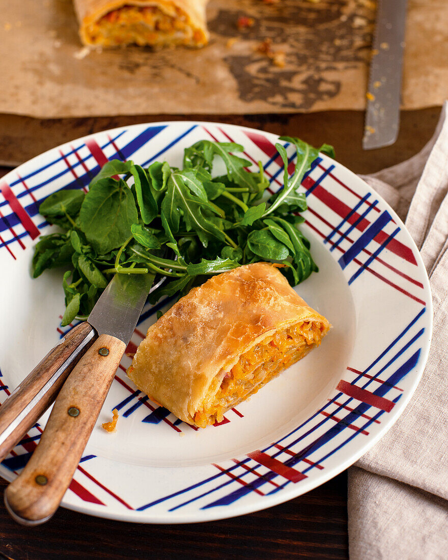 Vegetable strudel with potatoes and pumpkin