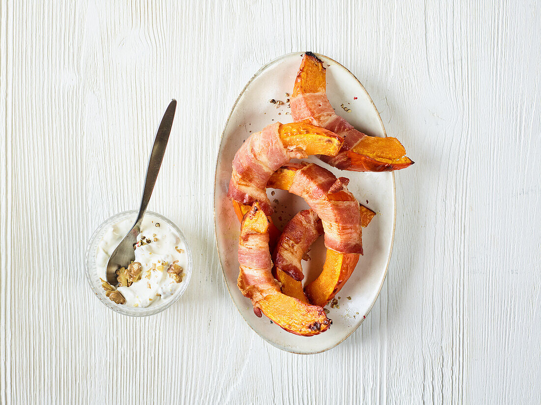 Roasted Pumpkin wedges with bacon