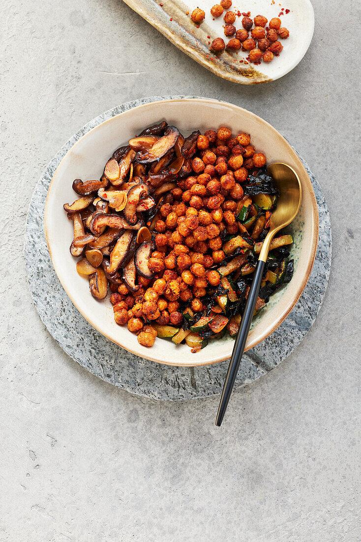 Japanese umami chickpea bowl with shiitake mushrooms and courgettes