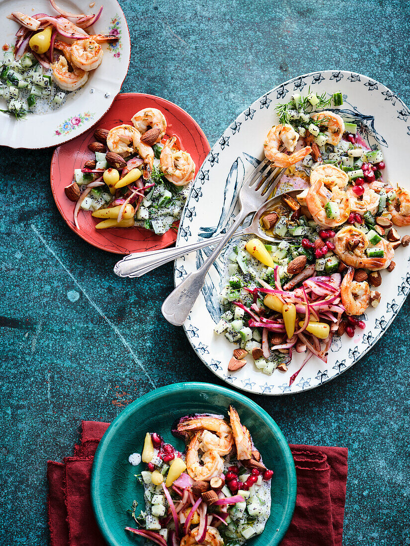 Oriental cucumber salad with prawns in poppy seed yoghurt dressing