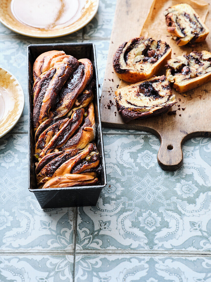 Chocolate-nut babka with pistachios and pine nuts